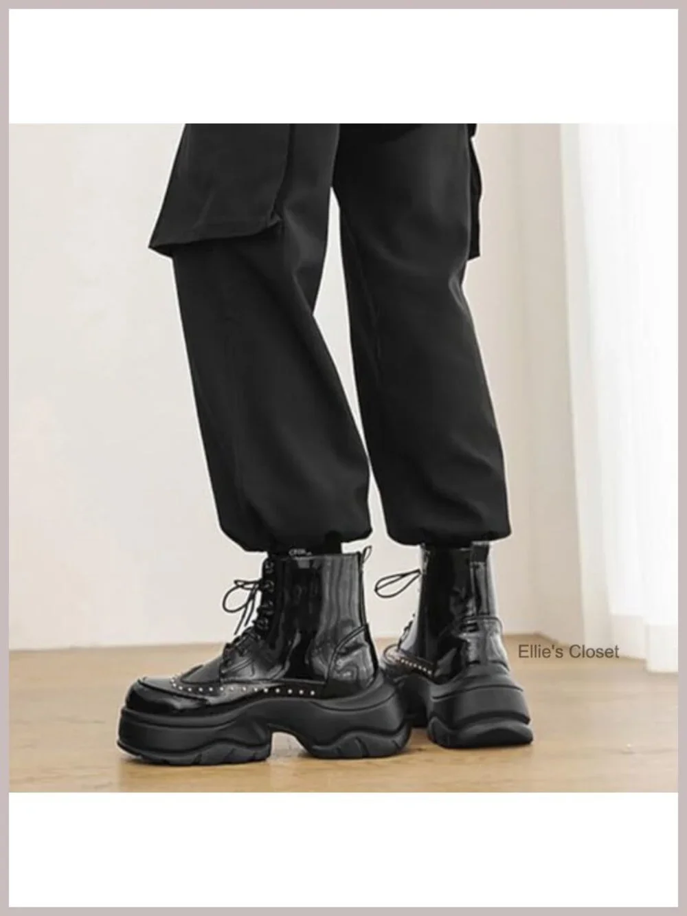 Patent Leather Rivet Platform Motorcycle Boots Side Zipper Chunky Heel Goth